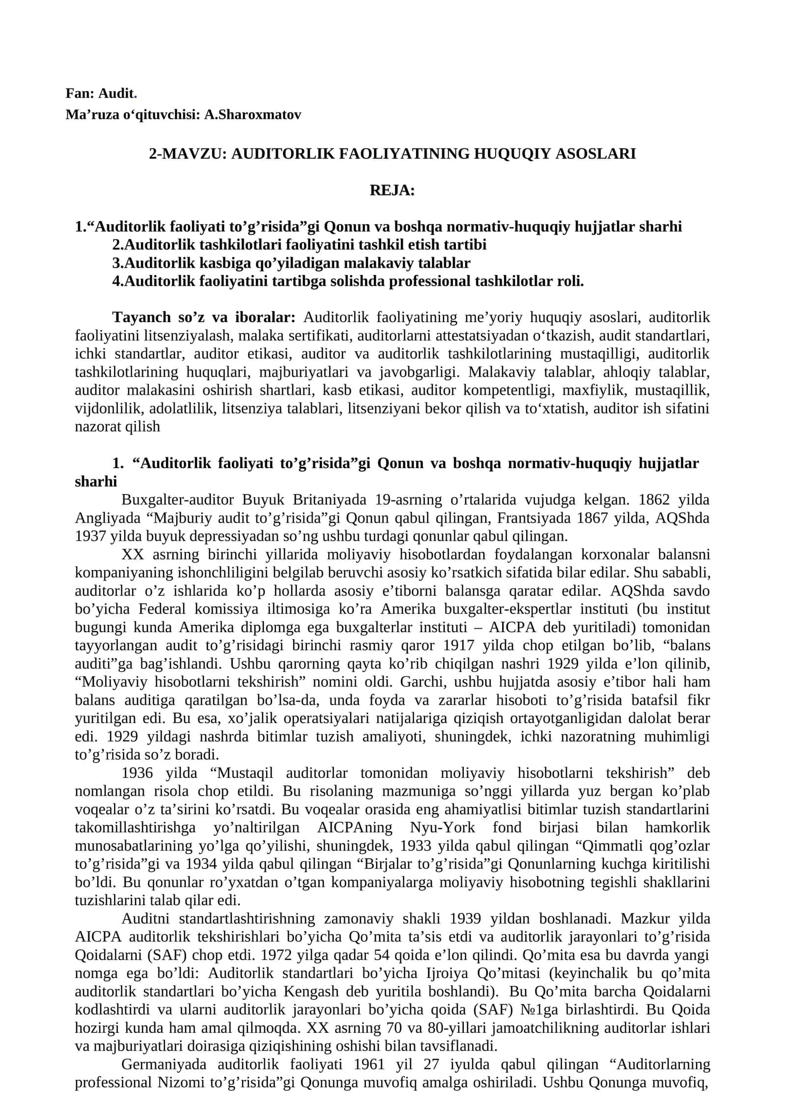 AUDITORLIK FAOLIYATINING HUQUQIY ASOSLARI 1