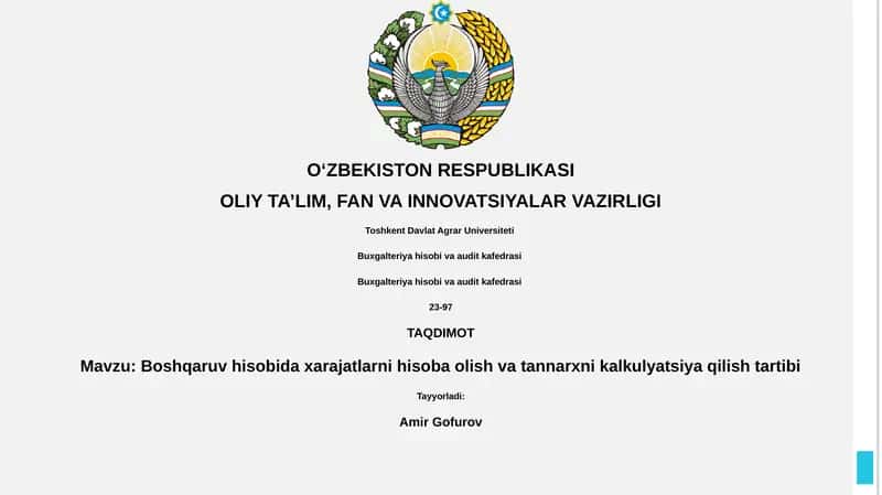 Boshqaruv hisobida xarajatlarni hisoba olish va tannarxni kalkulyatsiya qilish tartibi 1