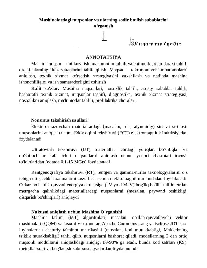 Mashina nuqsonlarini o'rganish 1