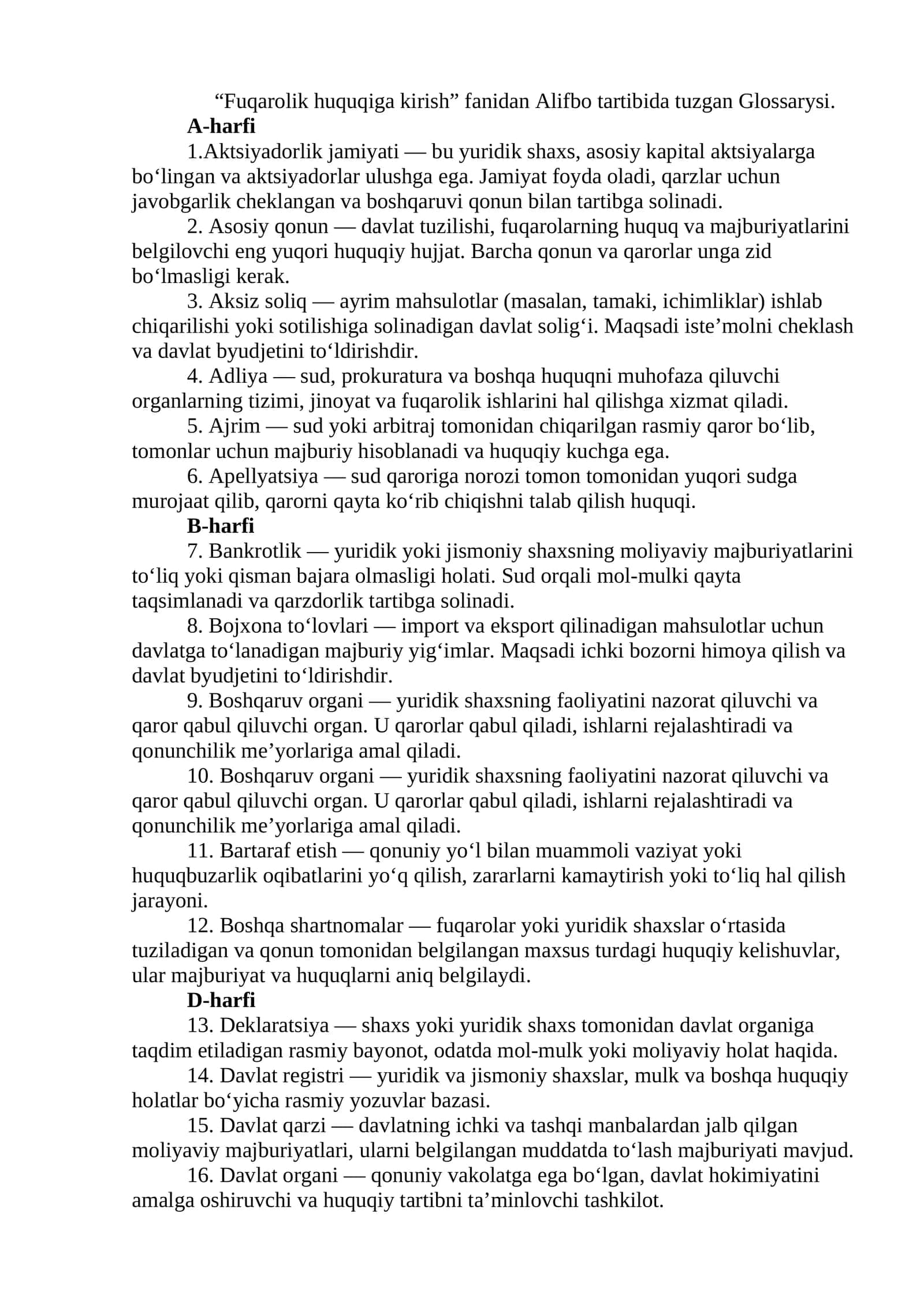 Fuqarolik huquqiga kirish fanidan Alifbo tartibida tuzgan Glossary 1