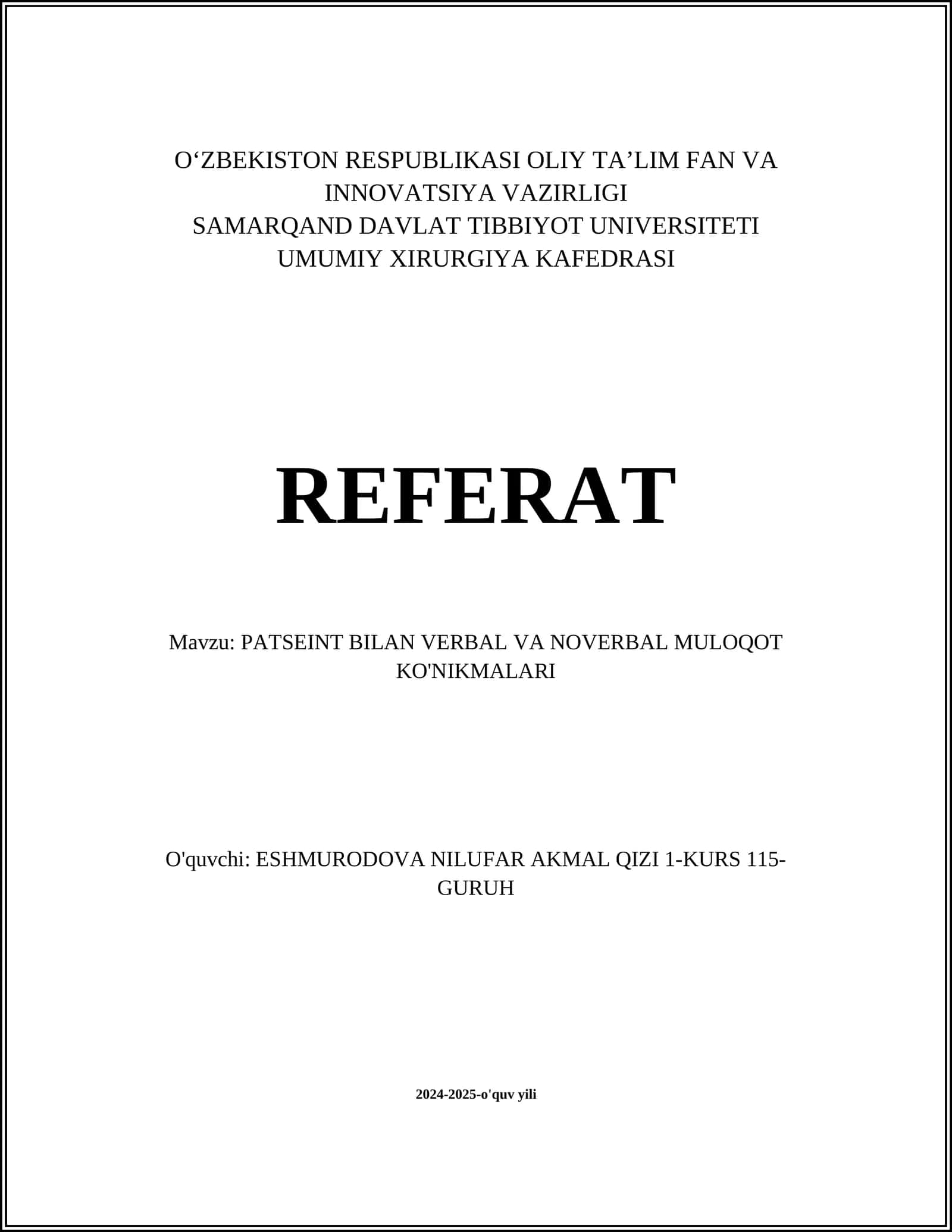 PATSEINT BILAN VERBAL VA NOVERBAL MULOQOT KO'NIKMALARI 1
