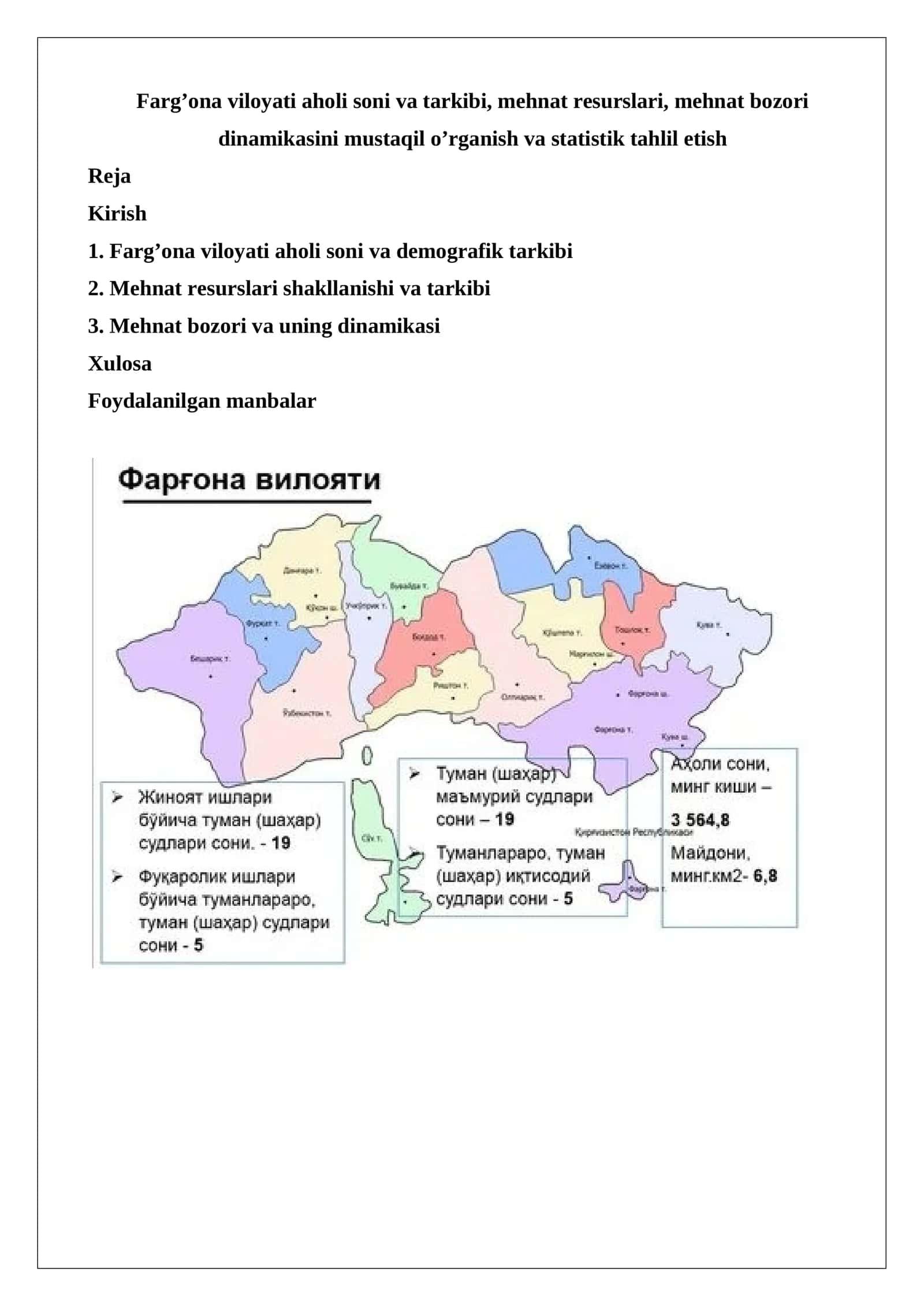 Farg’ona viloyati aholi soni va tarkibi, mehnat resurslari, mehnat bozori dinamikasini mustaqil o’rganish va statistik tahlil etish 1