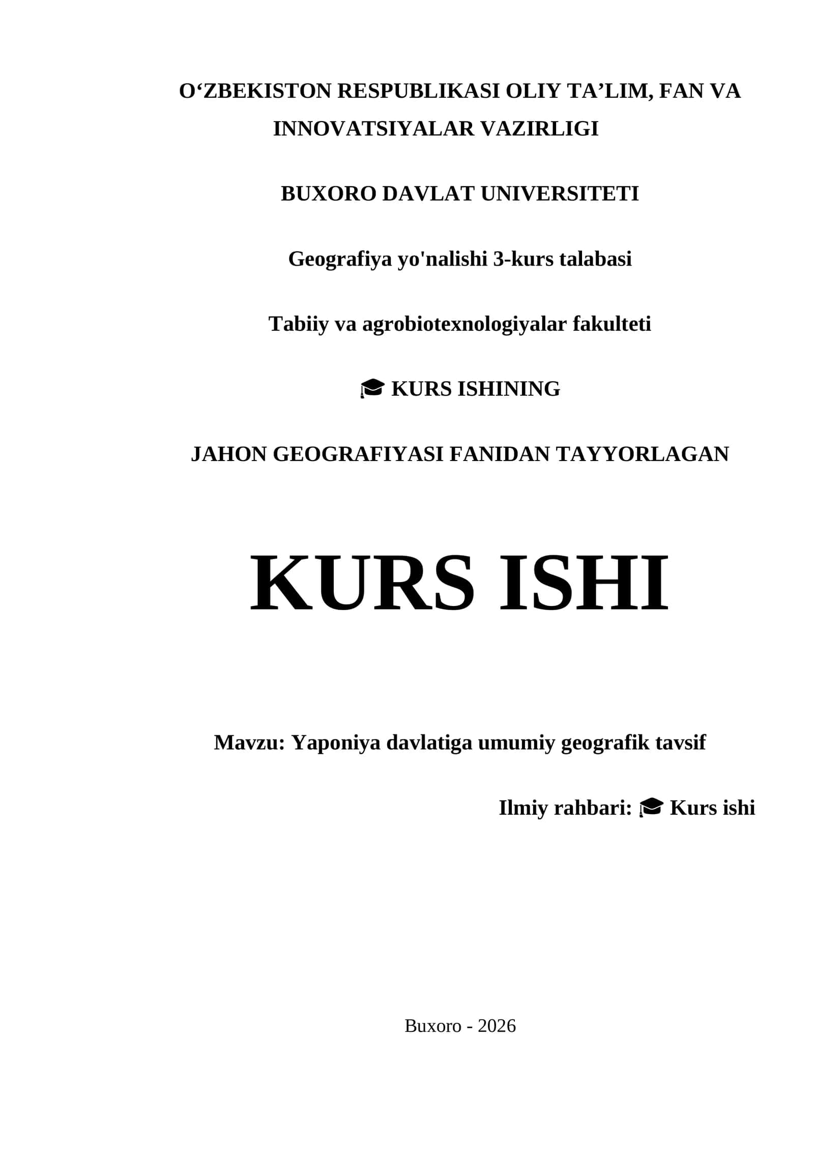 JAHON GEOGRAFIYASI FANIDAN TAYYORLAGAN KURS ISHI 1