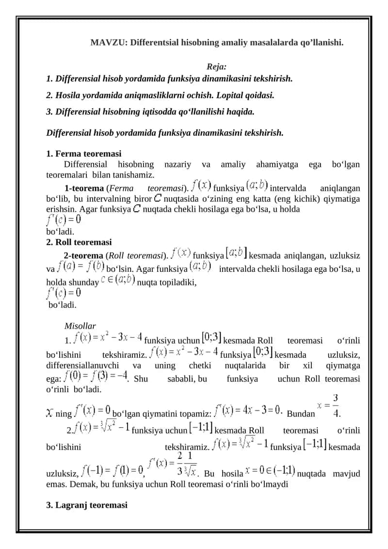 Differentsial hisobning amaliy masalarda qo’llanishi 1