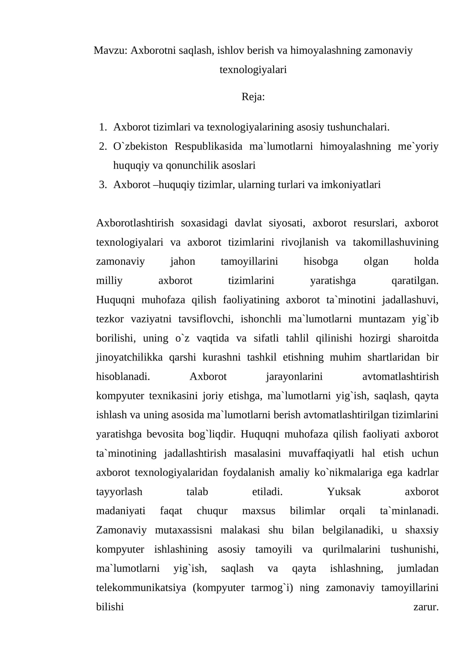 Axborotni saqlash, ishlov berish va himoyalashning zamonaviy texnologiyalari 1