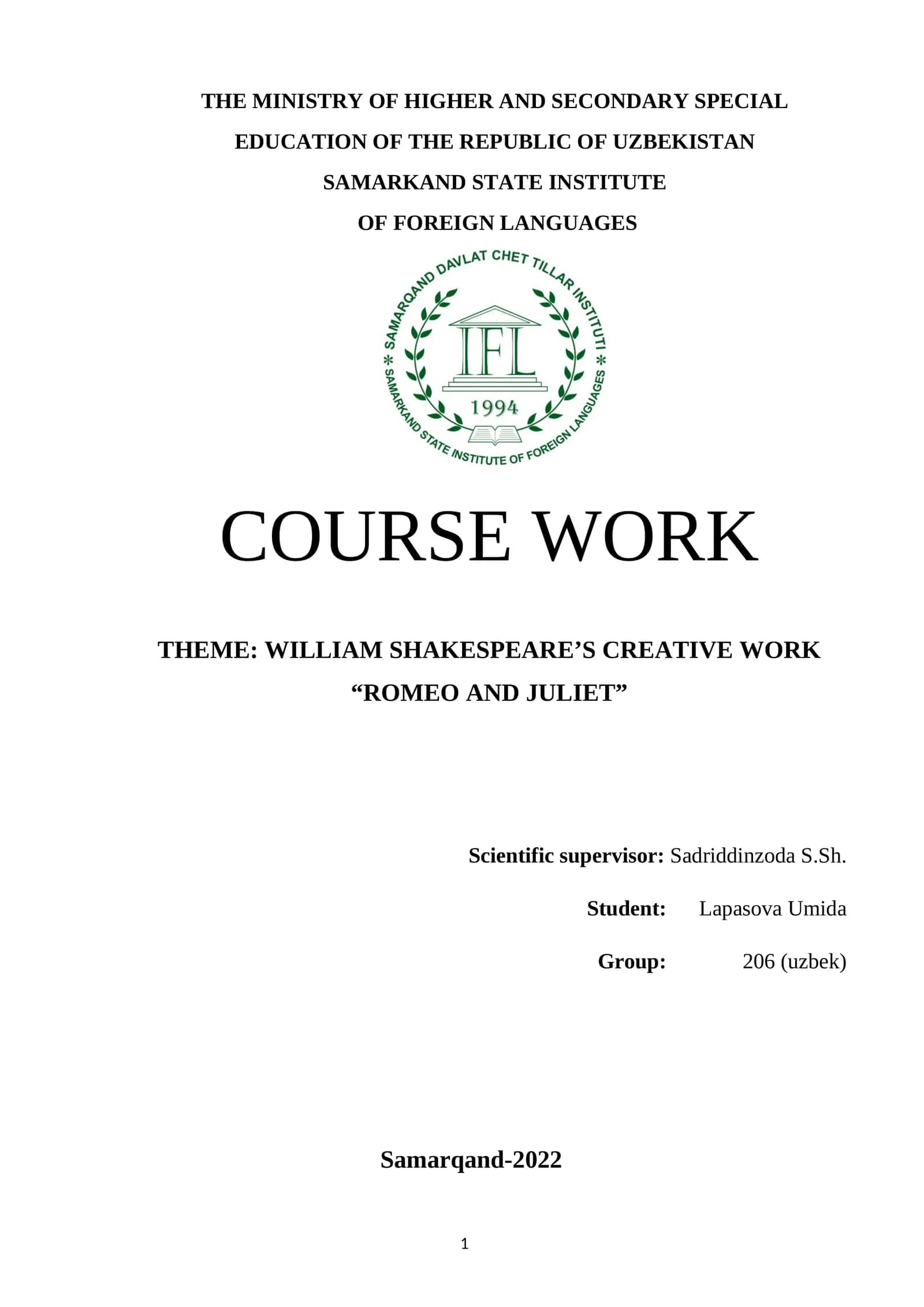 WILLIAM SHAKESPEARE’S CREATIVE WORK “ROMEO AND JULIET” 1