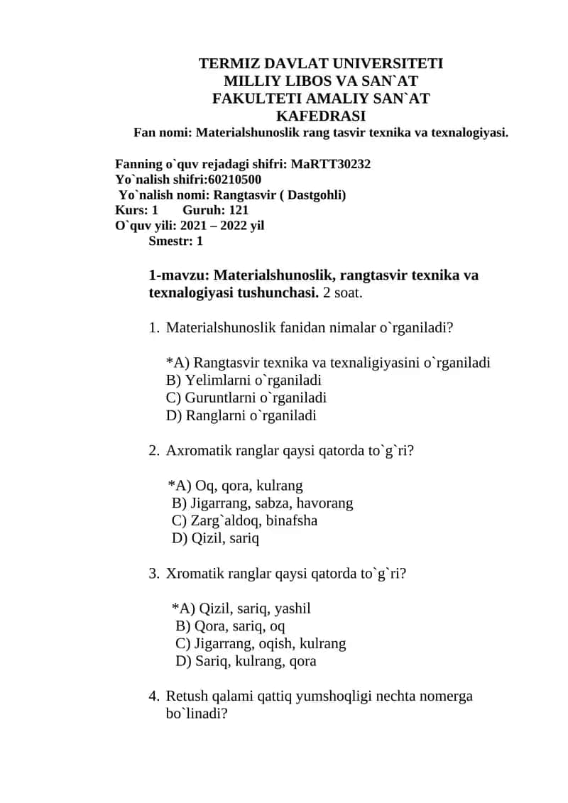 Materialshunoslik rang tasvir texnika va texnalogiyasi 1