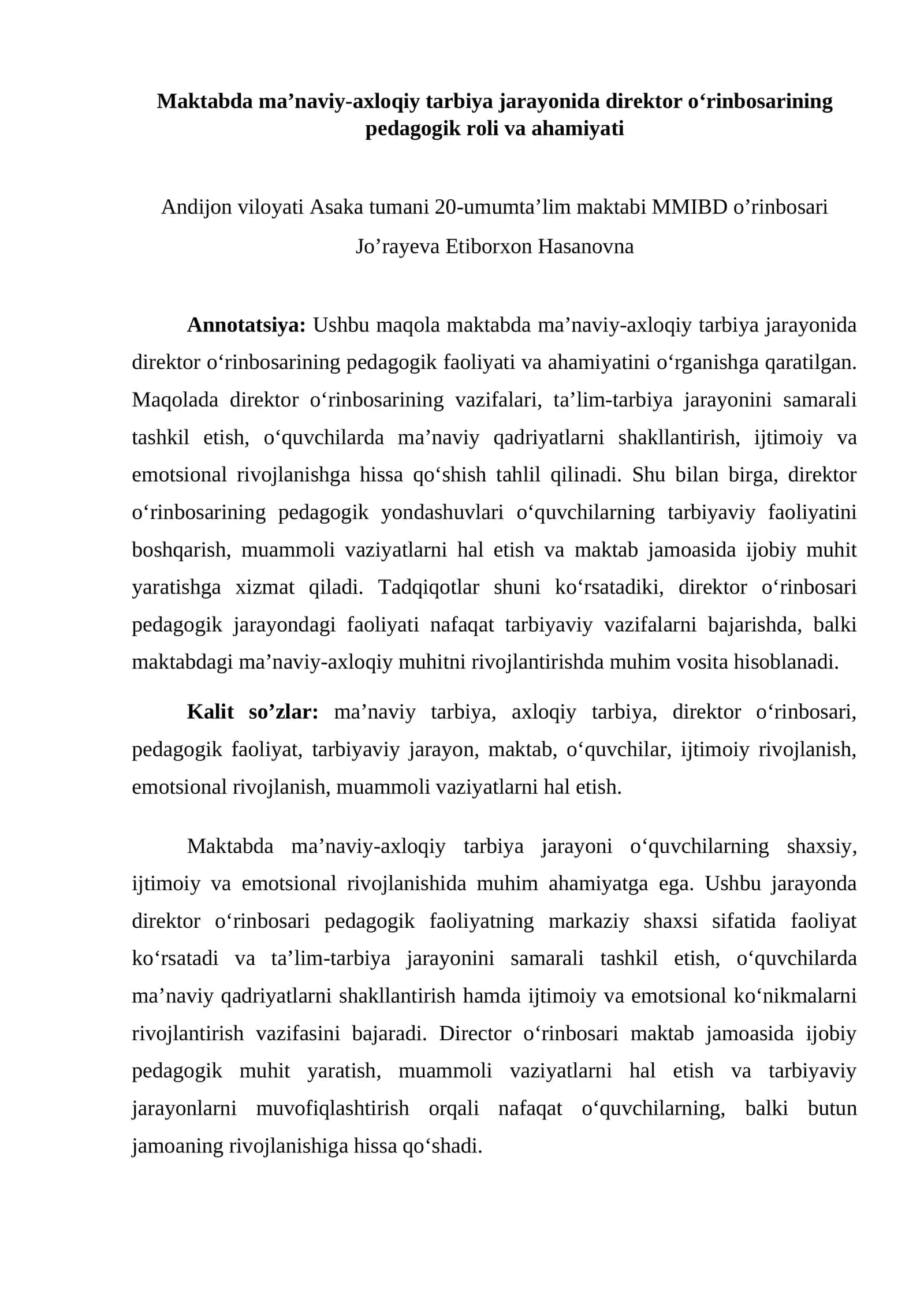 Maktabda ma’naviy-axloqiy tarbiya jarayonida direktor o‘rinbosarining pedagogik roli va ahamiyati 1