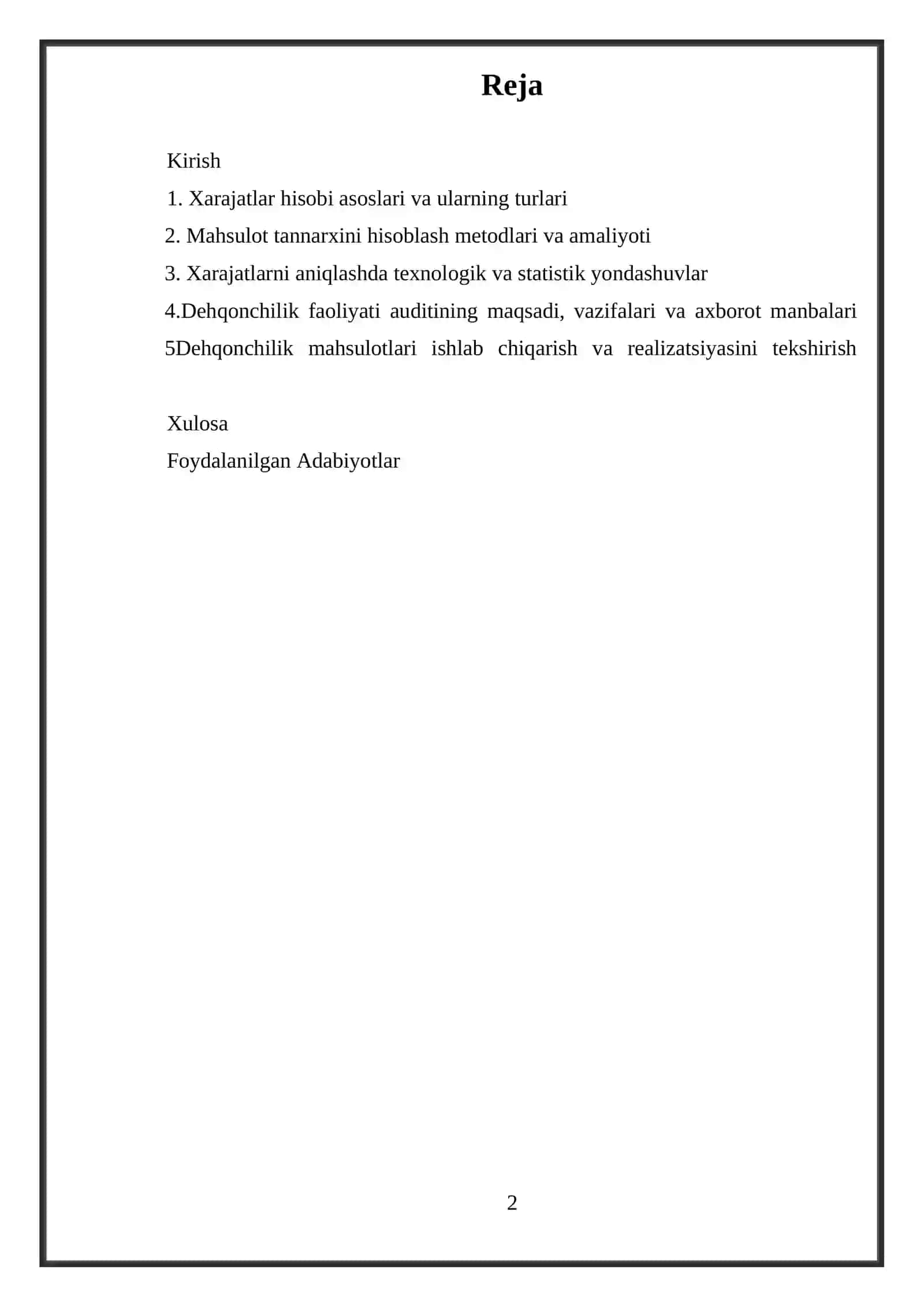 Dehqonchilikda xarajatlar hisobi va mahsulot tannarxini kalkulyatlsiyalash audit 2