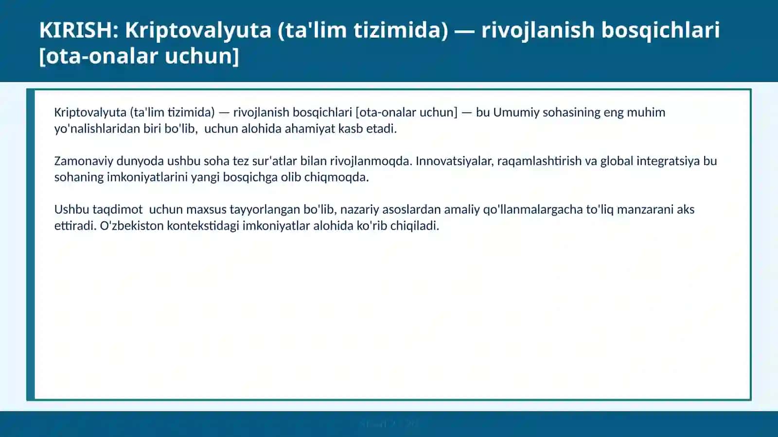 Kriptovalyuta (ta'lim tizimida) — rivojlanish bosqichlari [ota-onalar uchun] 2