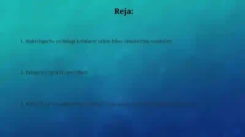 Maktabgacha yoshdagi bolalarni tabiat bilan tanishtirish vazifalari va metod vositalari 2