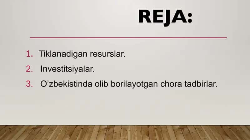 Tiklanadigan resurslar va Investitsiyalar 2