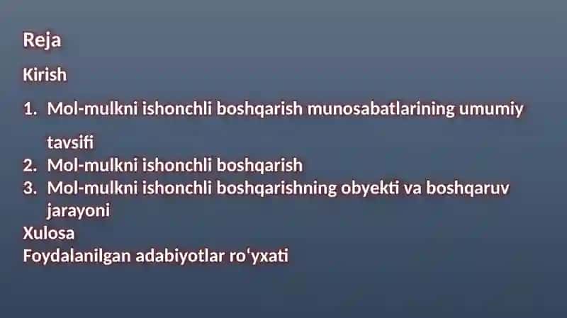 Mol-mulkniishonchli boshqarish munosabatlarining umumiy tavsifi 2