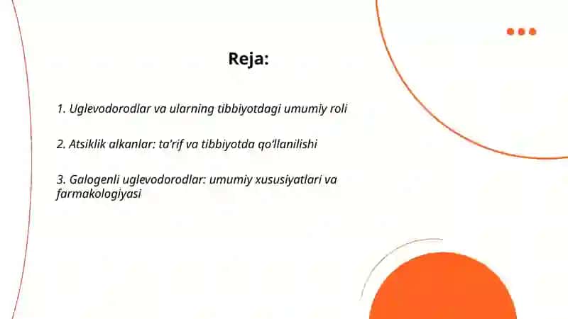 Uglevodorodlar,atsiklik alkanlar galogen xosilalari, spirtlar, aldegidlar va uglevodlarning tibbiyotda qollaniladigan preparatlari 2