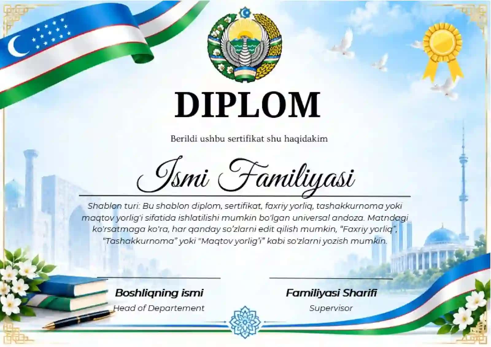 Shablon diplom, sertifikat, faxriy yorliq, tashakkurnoma yoki maqtov yorlig'i 2
