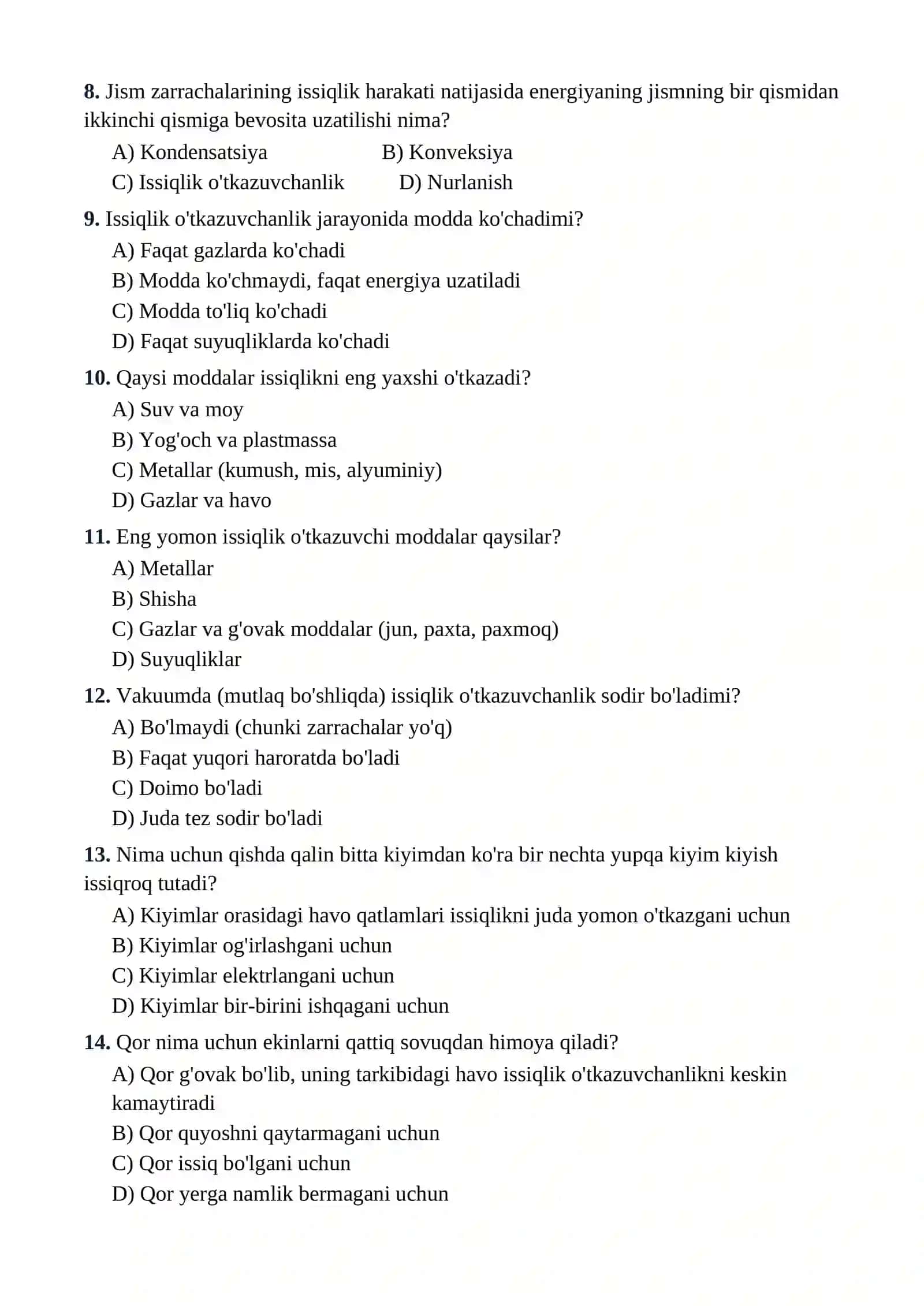8-SINF FIZIKA FANIDAN TESTLAR TO'PLAMI 2
