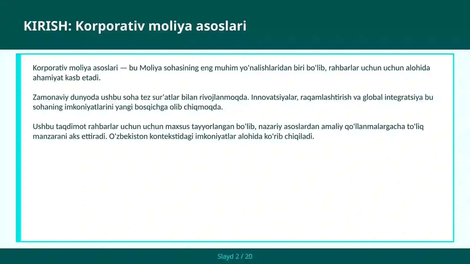 KORPORATIV MOLIYA ASOSLARI 2