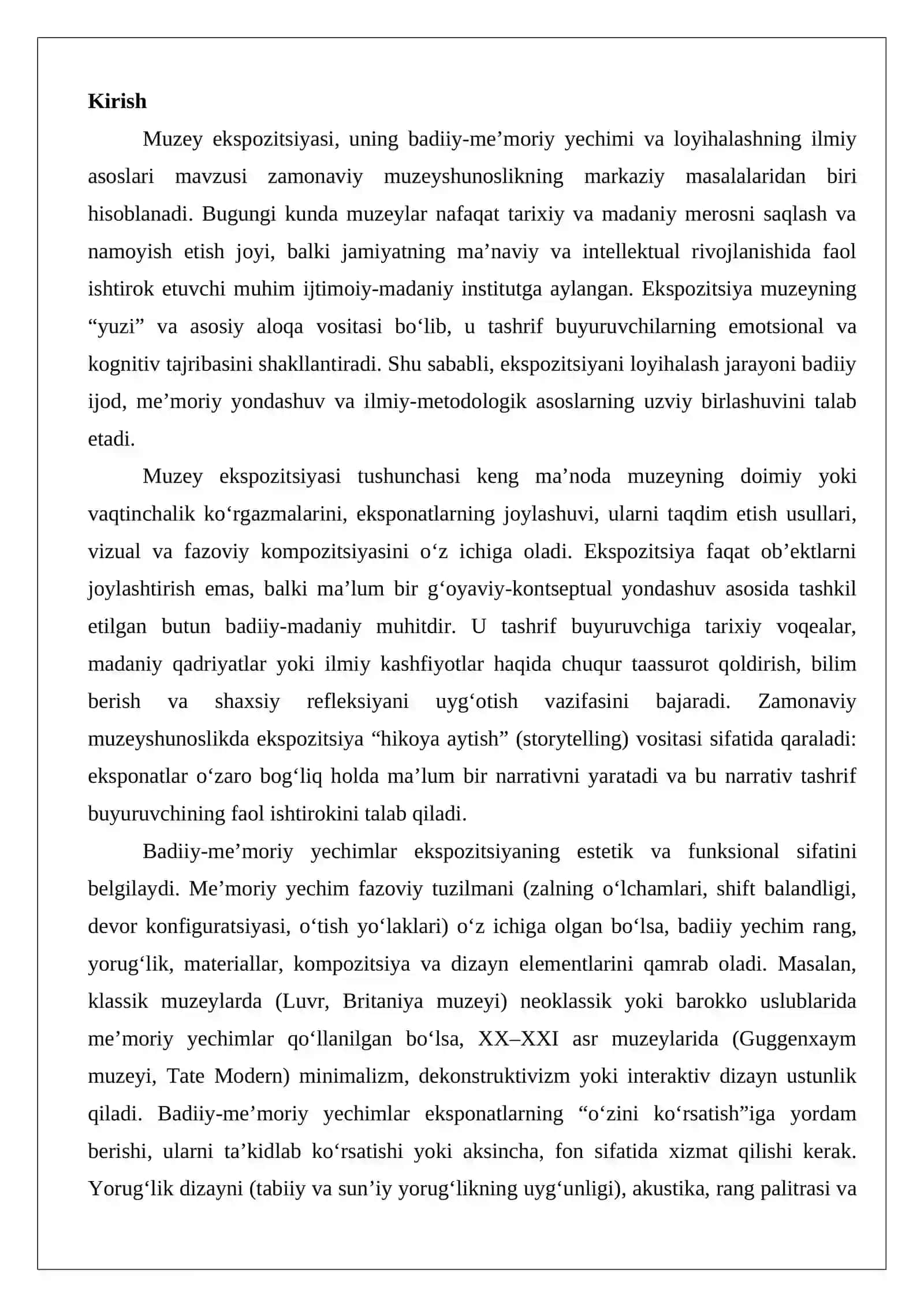 Muzey ekspozitsiyasi, badiiy-me’moriy yechimi va loyihalashning ilmiy asoslari 2