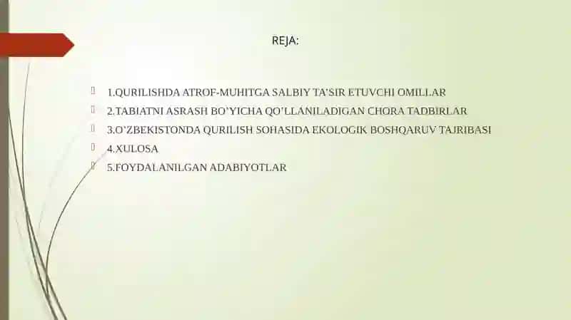 QURILISHDA ATROF – MUHITNI MUHOFAZA QILISH BOSHQARUVI MAVZUSI 2