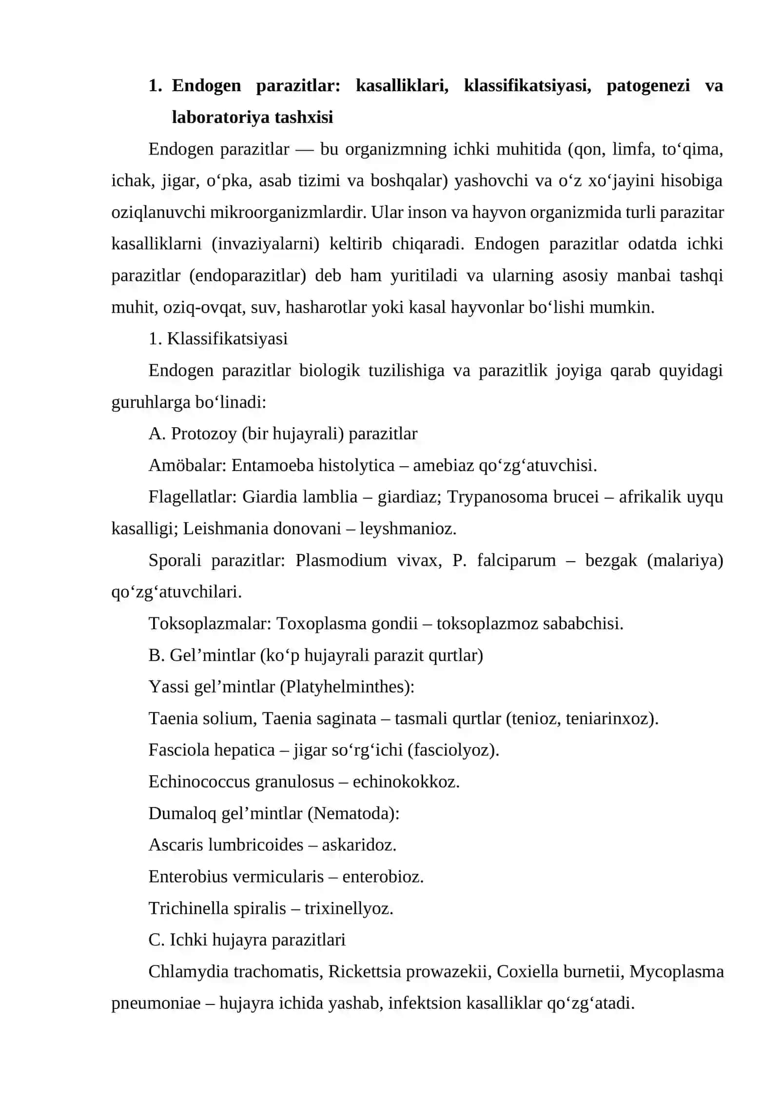 Endogen parazitlar: kasalliklari, klassifikatsiyasi, patogenezi va laboratoriya tashxisi 2