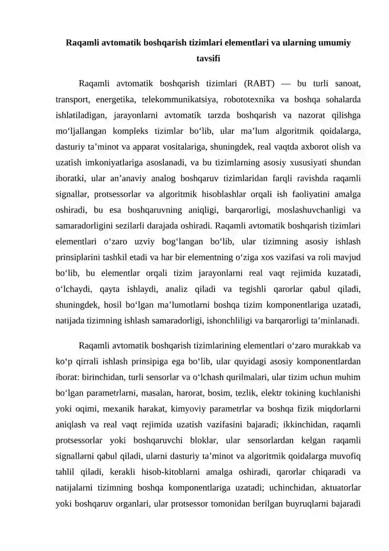 Raqamli avtomatik boshqarish tizimlari elementlarining tavsifi 2