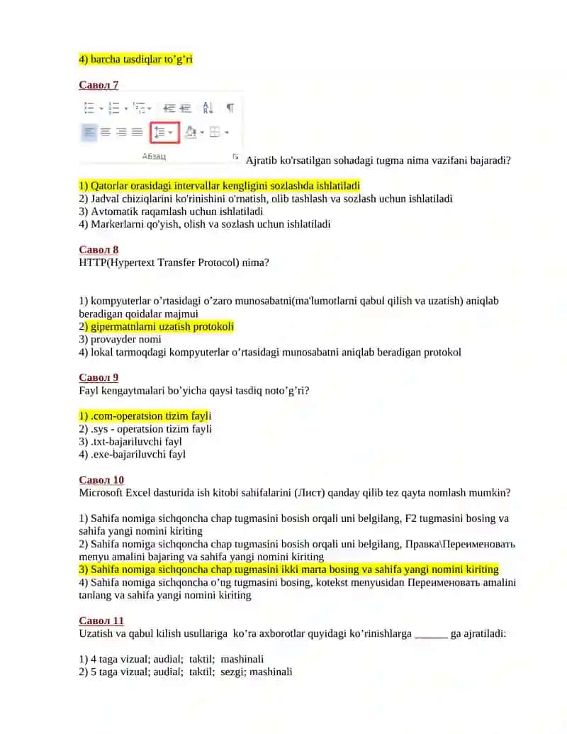 Informatika bo'yicha test savollari 2
