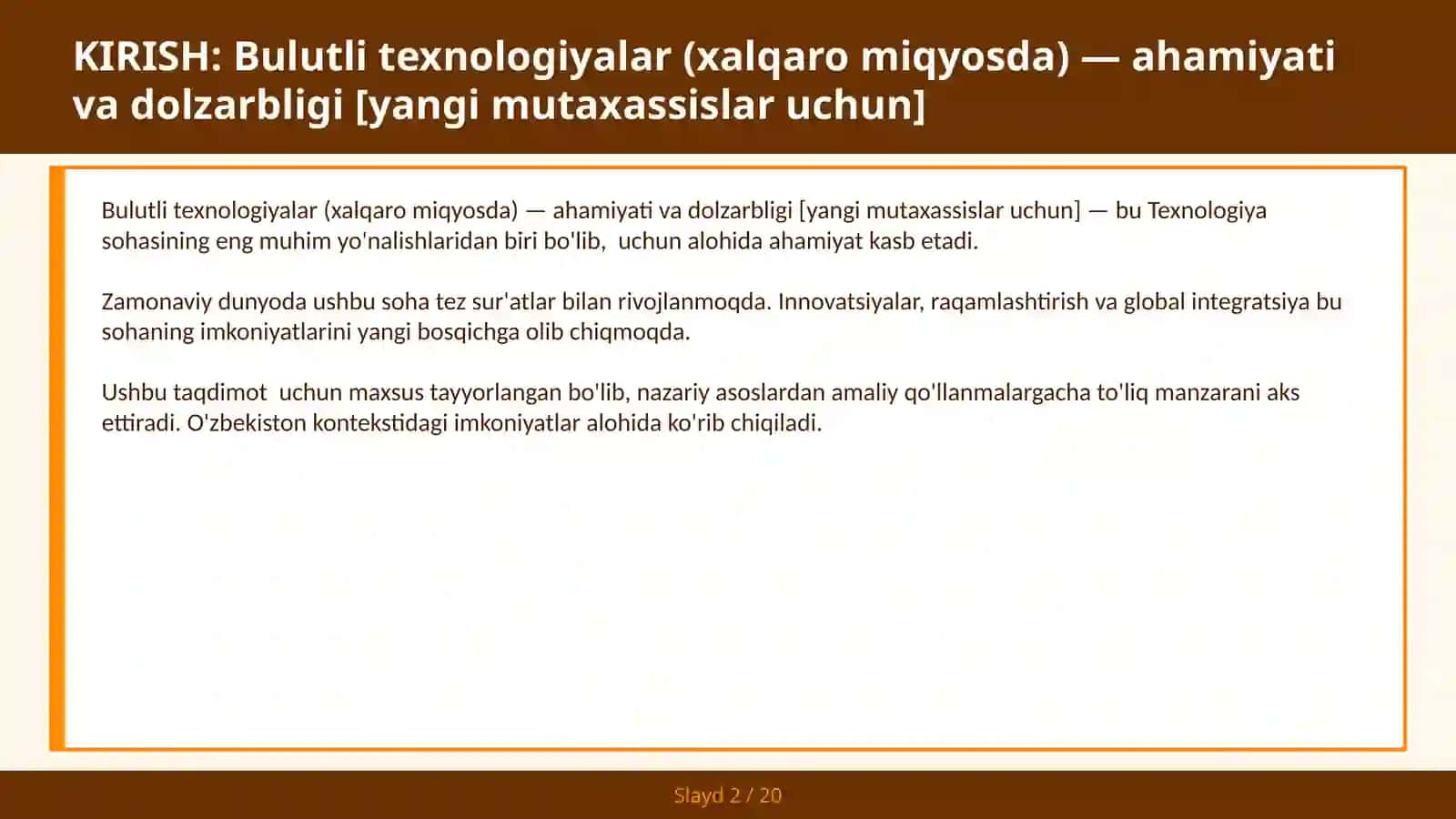 Bulutli texnologiyalar (xalqaro miqyosda) — ahamiyati va dolzarbligi [yangi mutaxassislar uchun] 2