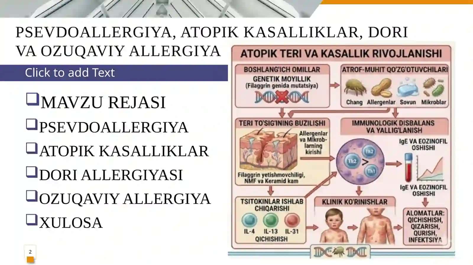 PSEVDOALLERGIYA, ATOPIK KASALLIKLAR, DORI VA OZUQAVIY ALLERGIYA PREZENTATSIYA 2