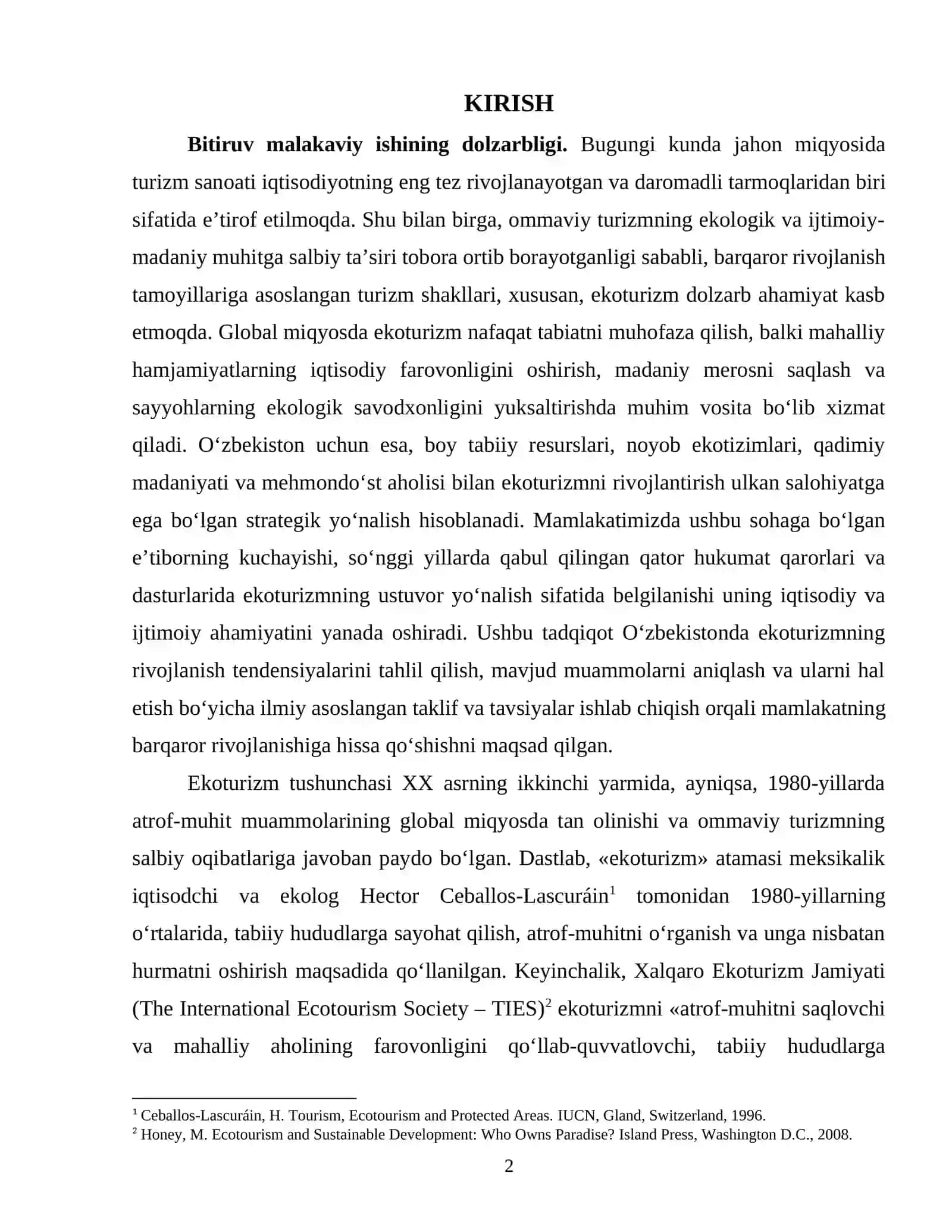 Ekoturizm tarixi bugungi va istiqbollari. Oʻzbekistonda ekoturizm anamiyati, mummolari va yechimlari 2