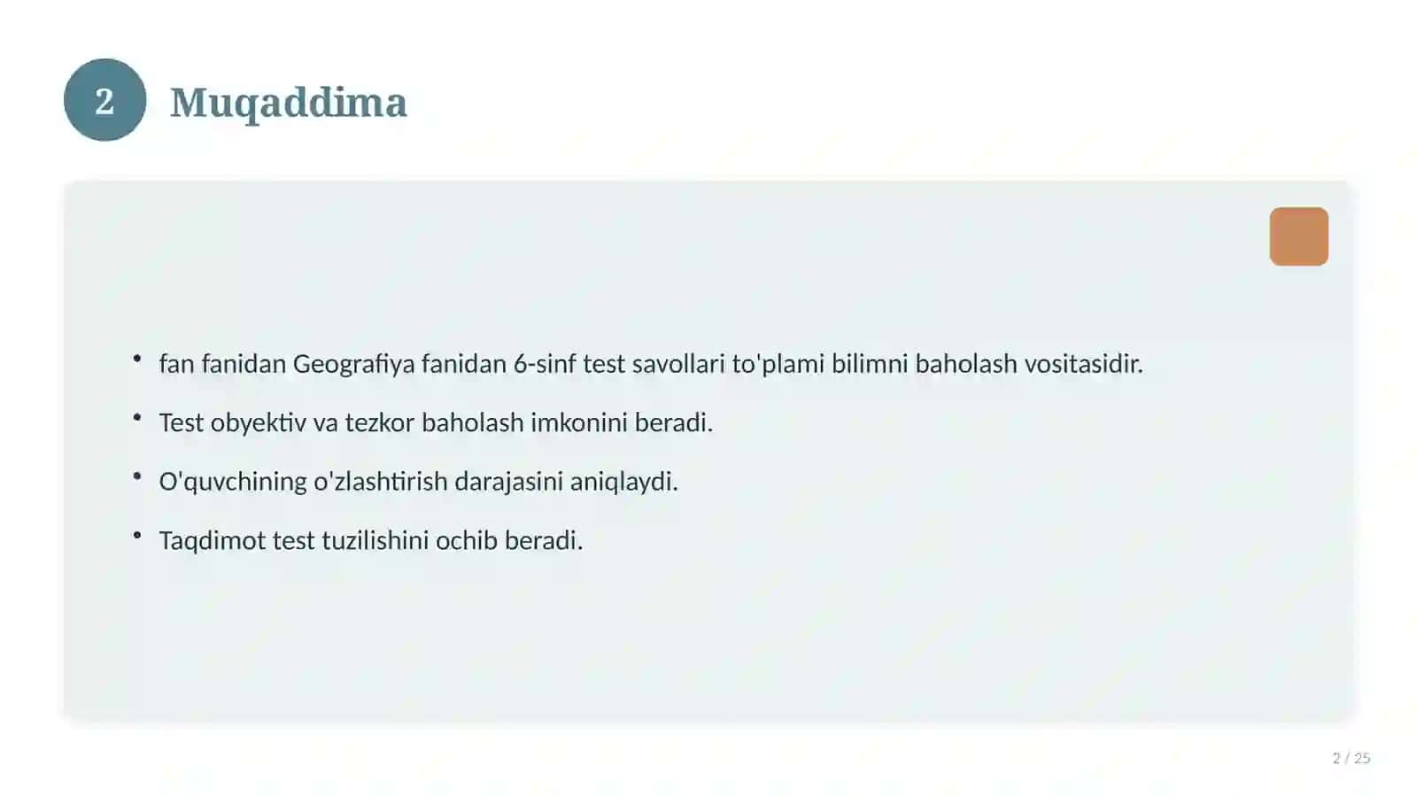 Geografiya fanidan 6-sinf test savollari to'plami 2