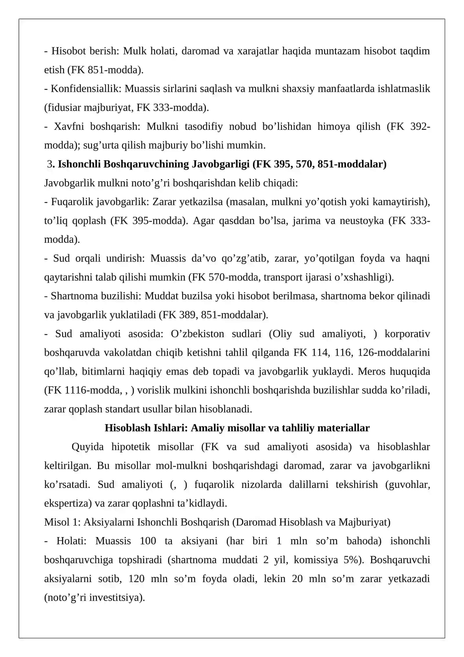 Ishonchli boshqaruvchining huquq va majburiyatlari 2