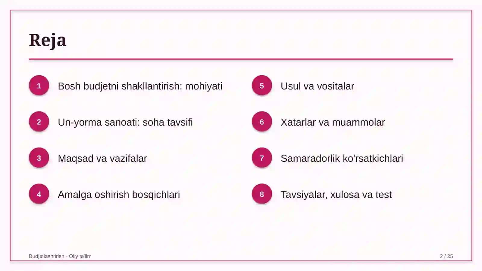 Un-yorma sanoatida bosh budjetni shakllantirish 2