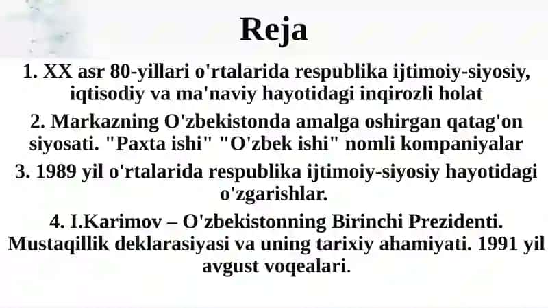 MUSTAQILLIKKA ERISHISH ARAFASIDA O‘ZBEKISTONDAGI IJTIMOIY-SIYOSIY JARAYONLAR. 2