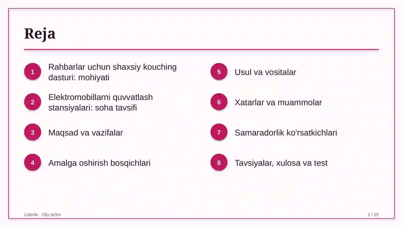 Elektromobillarni quvvatlash stansiyalarida rahbarlar uchun shaxsiy kouching dasturi 2
