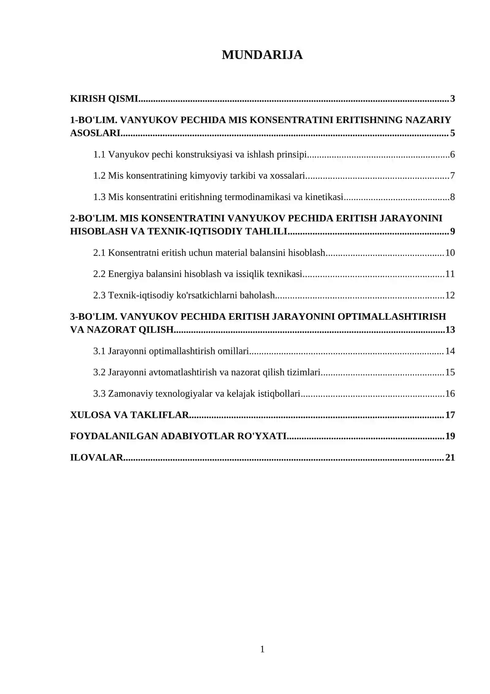 Mis konsentratini Suyuq vannada eritish amaliyoti hisobi. (Vanyukov pechi). Cu – 19.2; SiO2 – 8; Fe – 31; CaO – 0.3; S – 32.4; Al2O3 – 1; Zn – 3.5; As – 0.25;Pb – 0.5; Boshqalar – 4.85; W – 5; Q = 290 000 t/yil 2