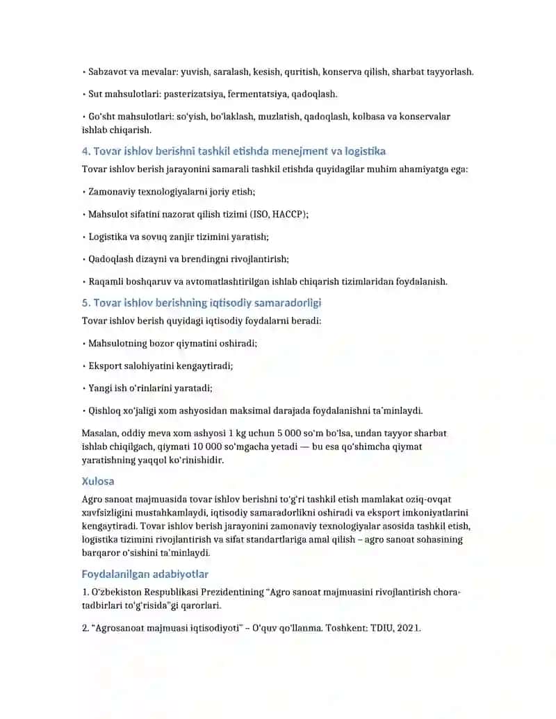 Agro sanoat majmuasida tovar ishlov berish 2