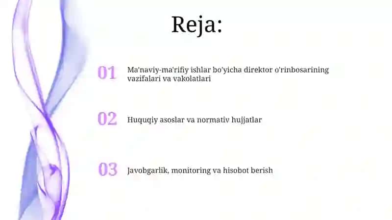 Ma'naviy-ma'rifiy ishlar bo'yicha direktor o'rinbosarining vazifalari va ularning huquqiy asoslari 2