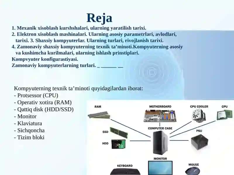 Prezentatsiyada kompyuterning texnik ta’minoti va klaviatura tugmalari haqida tushuncha beriladi. Bu bilimlar foydalanuvchiga kompyuter bilan samarali ishlashda yordam beradi. 2