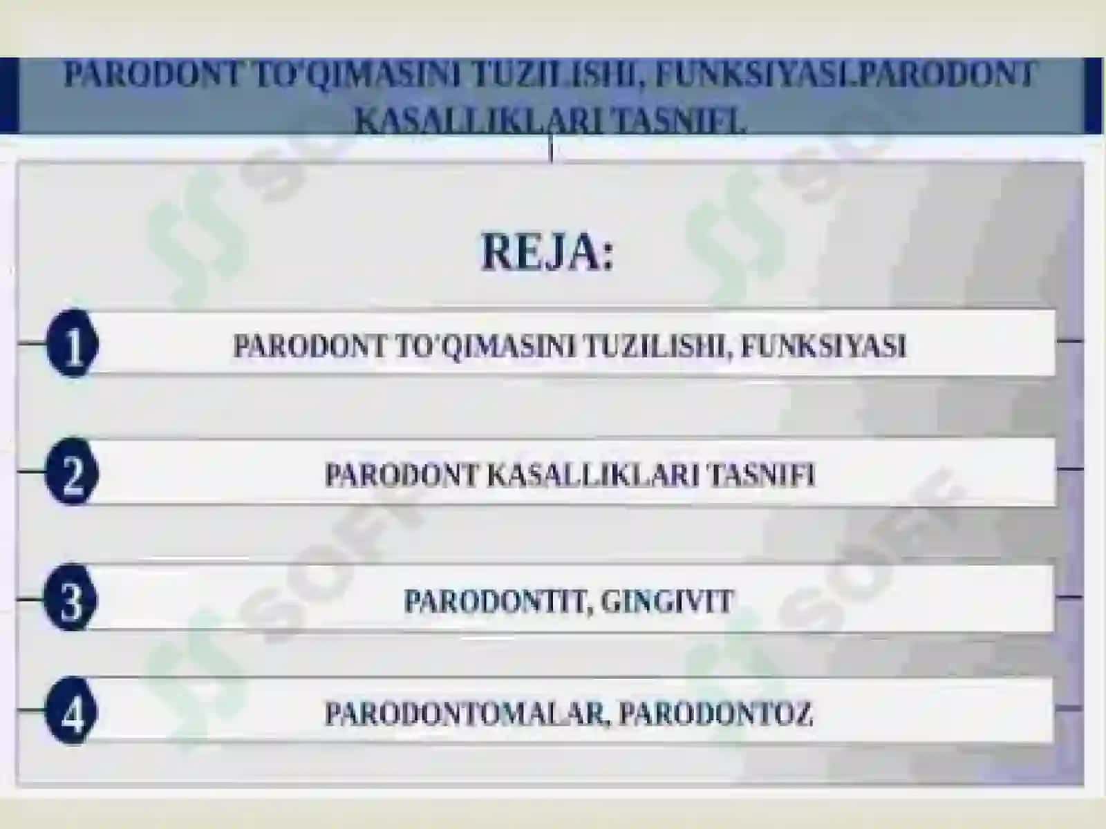 Parodont  to’qimasini tuzilishi, funksiyasi. Parodont kasalliklarini tasnifi. 2