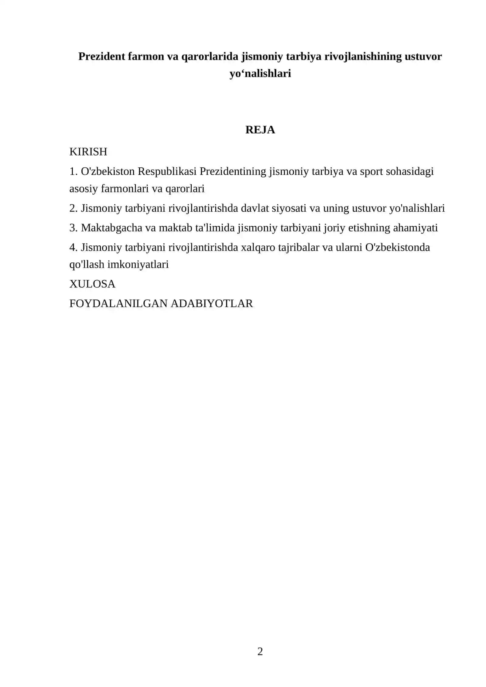 Prezident farmon va qarorlarida jismoniy tarbiya rivojlanishining ustuvor yoʻnalishlari 2