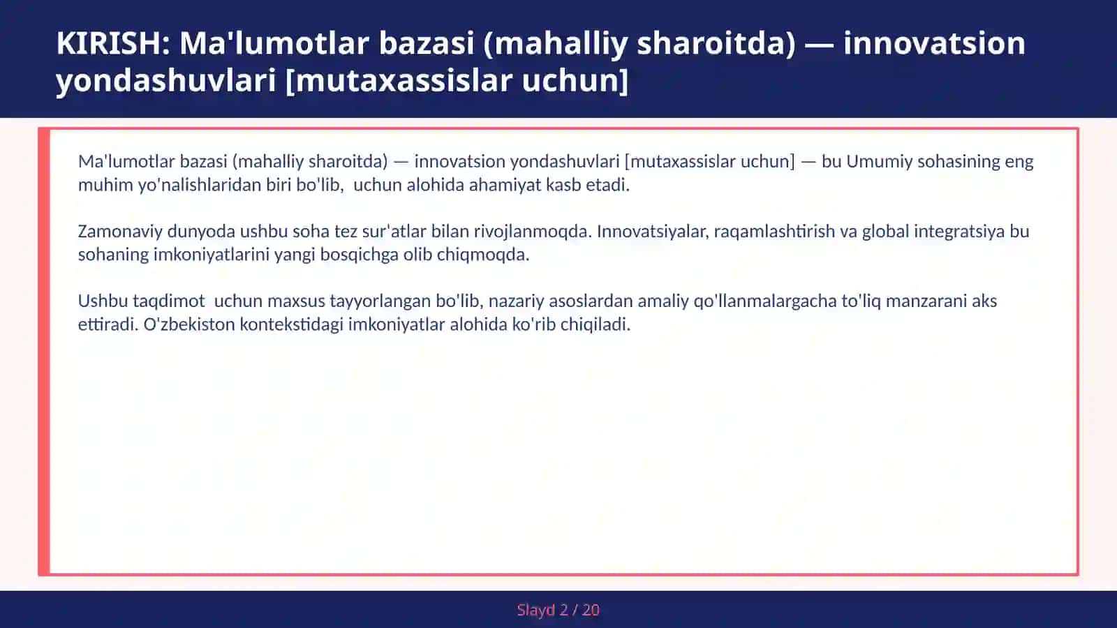 Ma'lumotlar bazasi (mahalliy sharoitda) — innovatsion yondashuvlari [mutaxassislar uchun] 2