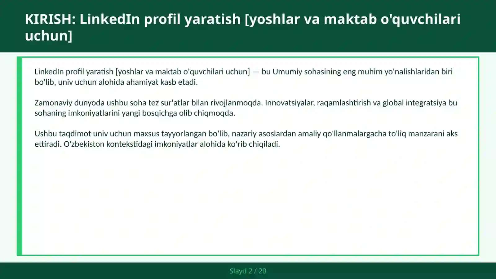 LinkedIn profil yaratish [yoshlar va maktab o'quvchilari uchun] 2