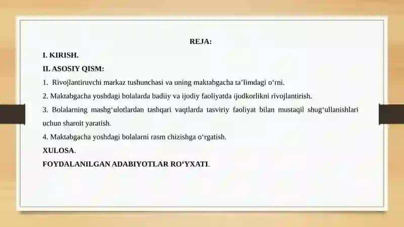 RIVOJLANTIRUVCHI MARKAZLARDA TASVIRIY SAN’AT MASHG’ULOTLARINING MAZMUN VA MOHIYATI 2