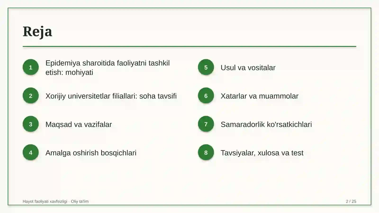 Xorijiy universitetlar filiallarida epidemiya sharoitida faoliyatni tashkil etish 2