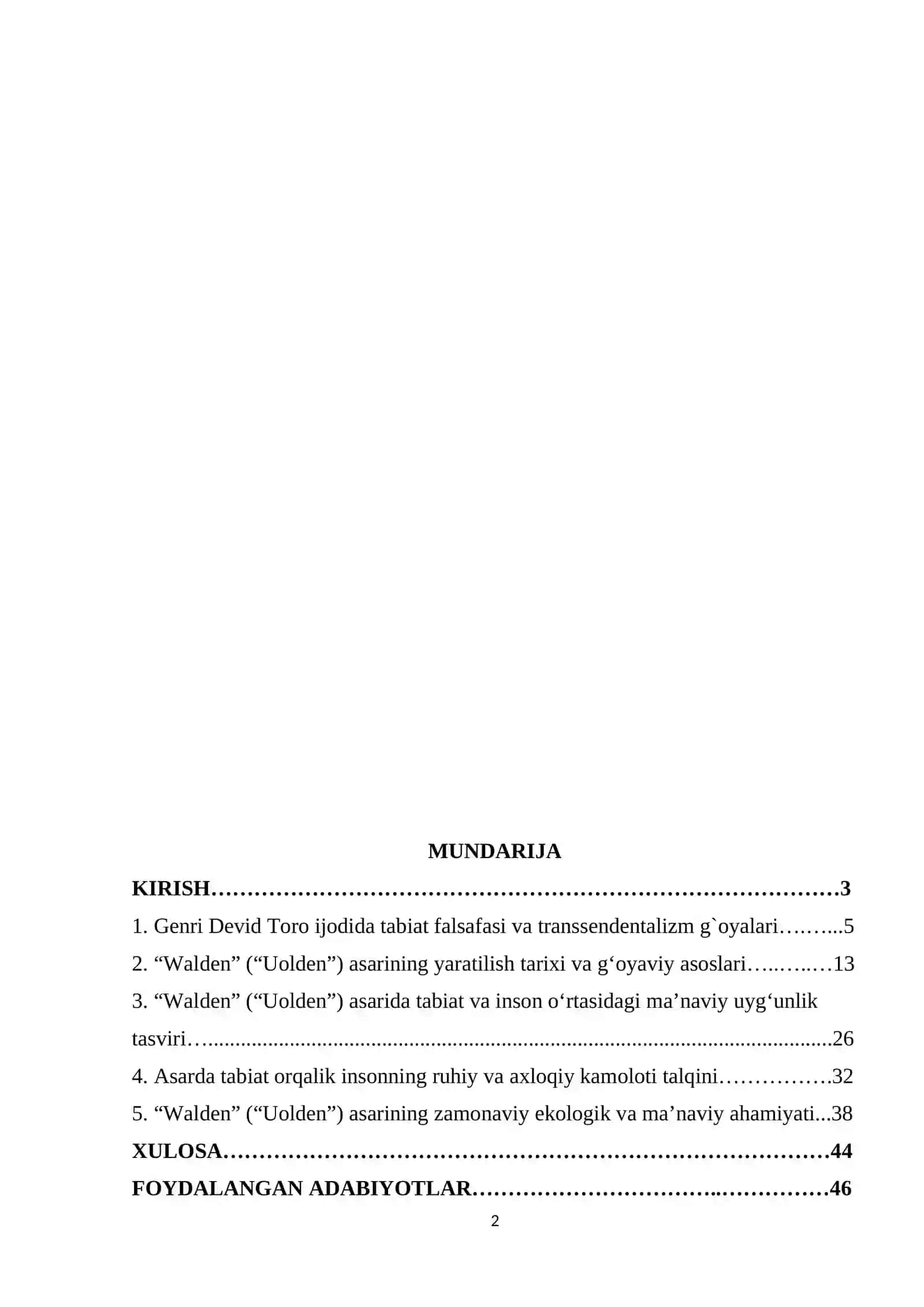 "Walden" asarida tabiat va insonning ma'naviy uyg' unligi mavzusidagi KURS ISHI 2