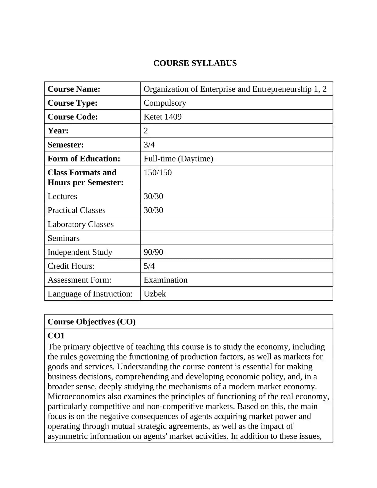 Organization of Enterprise and Entrepreneurship 1, 2 2
