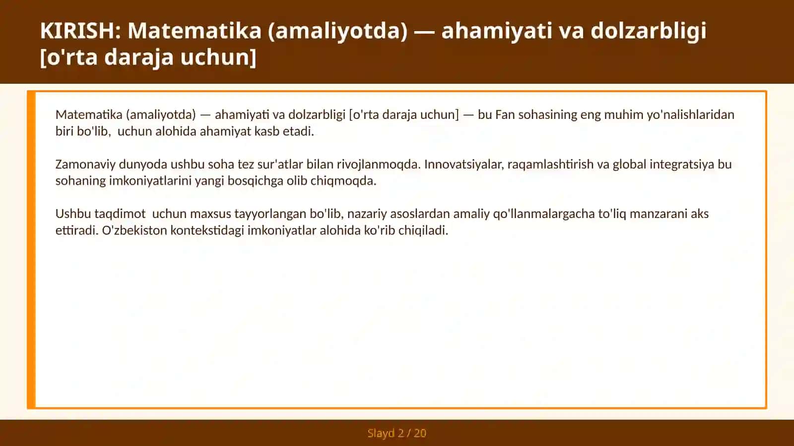 Matematika (amaliyotda) — ahamiyati va dolzarbligi [o'rta daraja uchun] 2