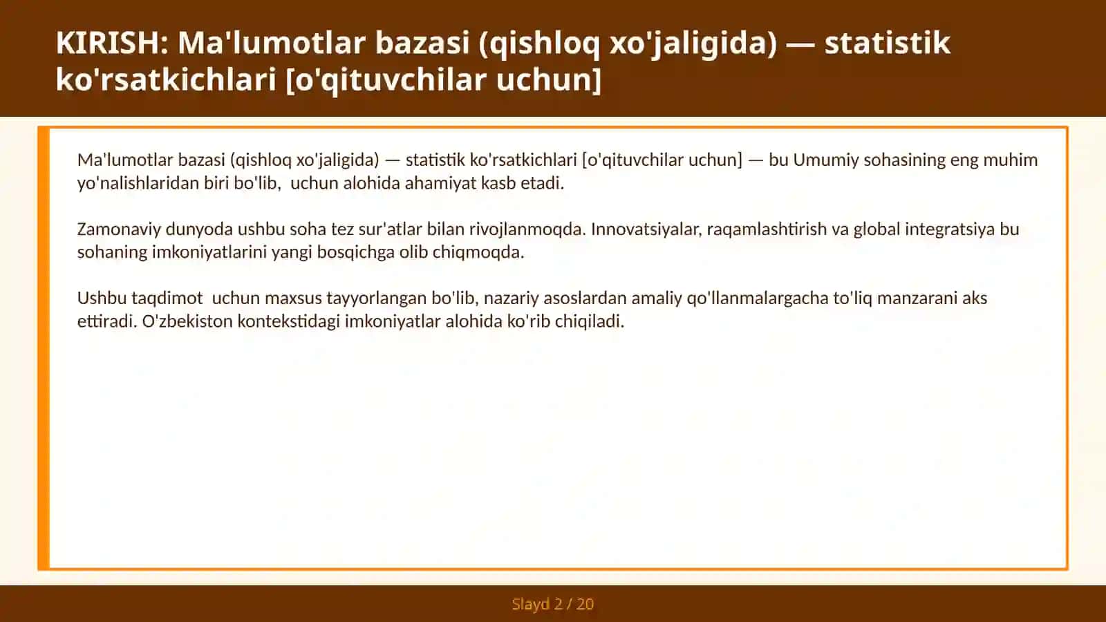 Ma'lumotlar bazasi (qishloq xo'jaligida) — statistik ko'rsatkichlari [o'qituvchilar uchun] 2
