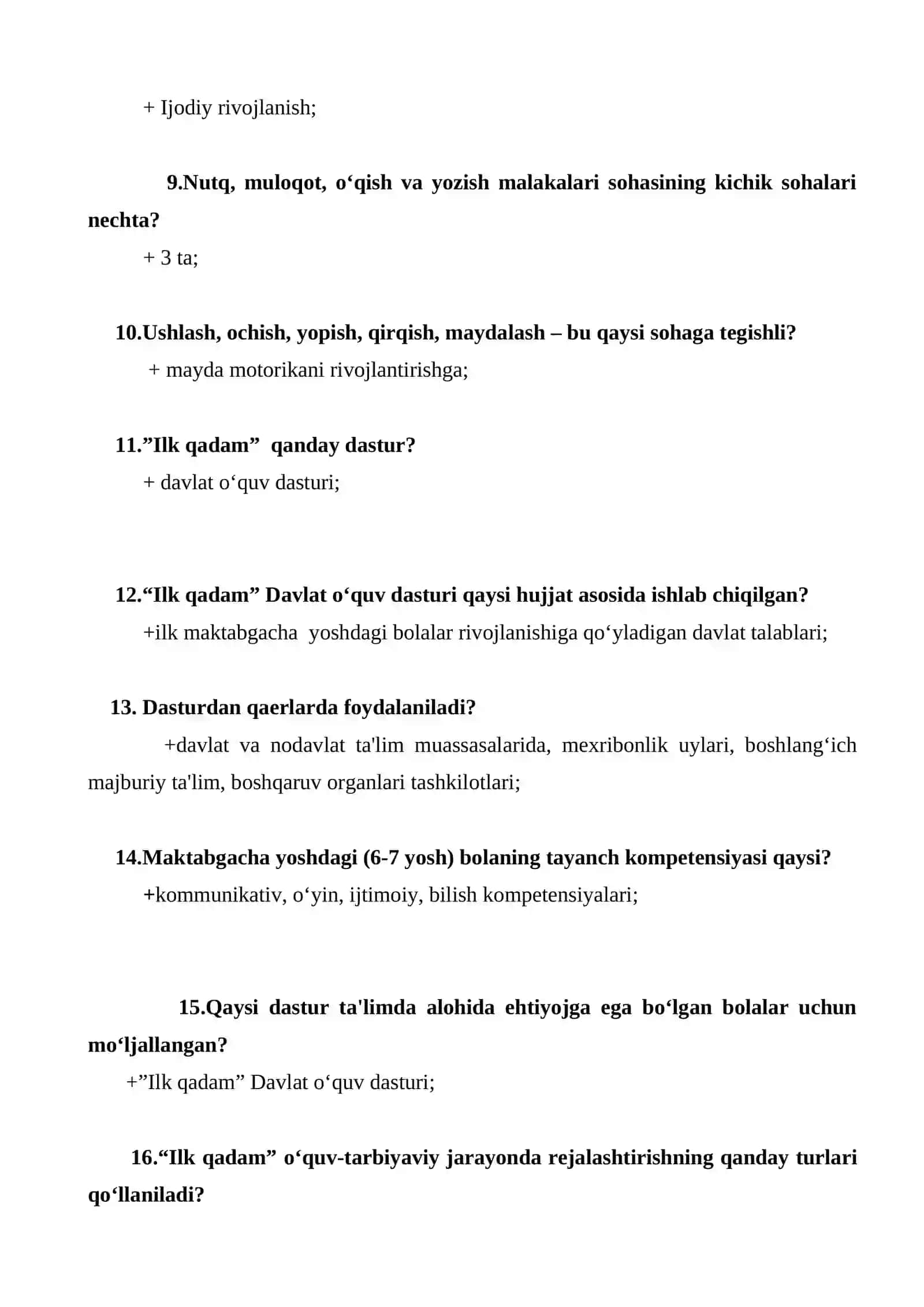Maktabgacha ta’lim attestatsiyasi uchun 200 ta test javoblari bilan 2