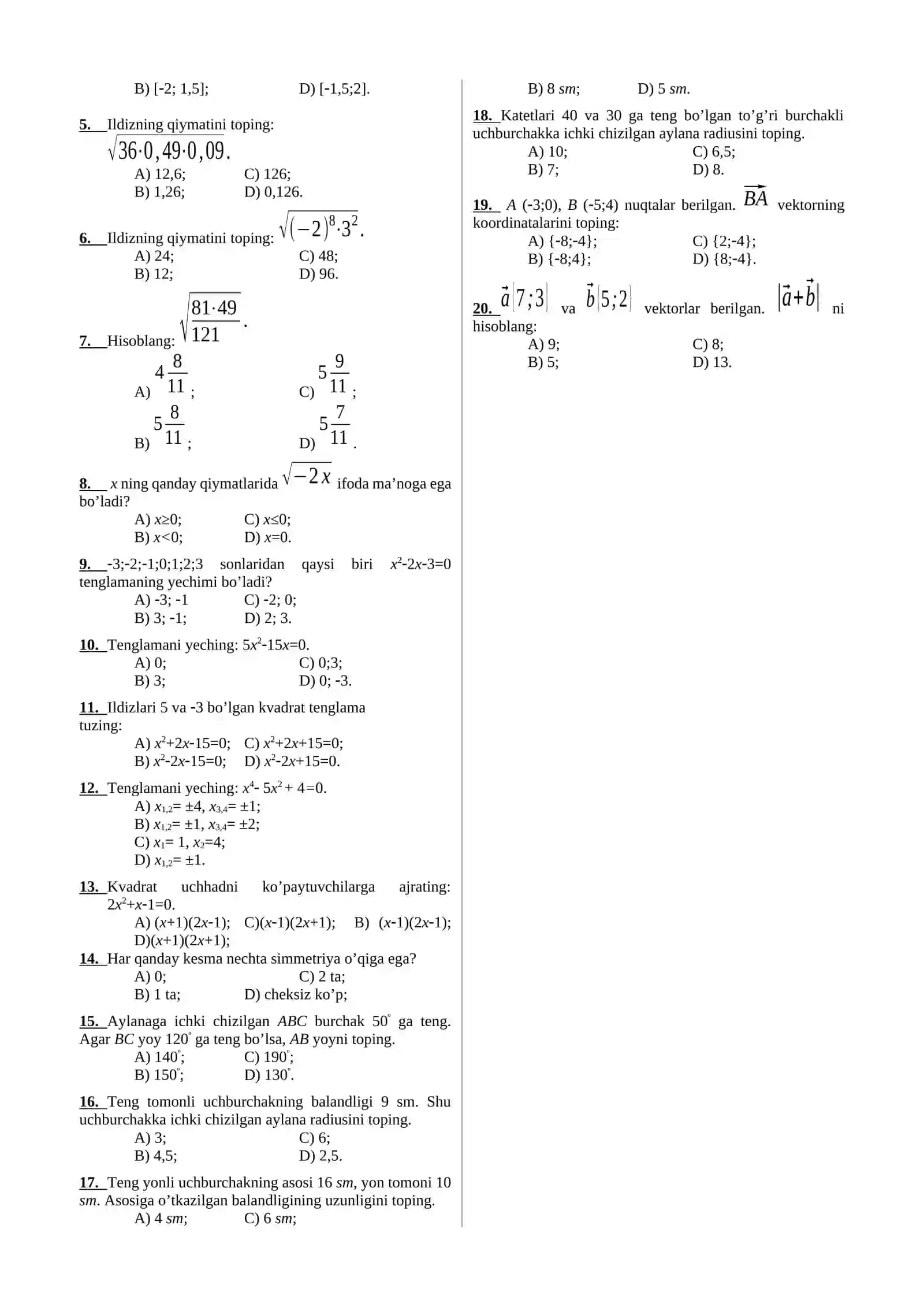 8 – sinf TEST I variant (Y) 2